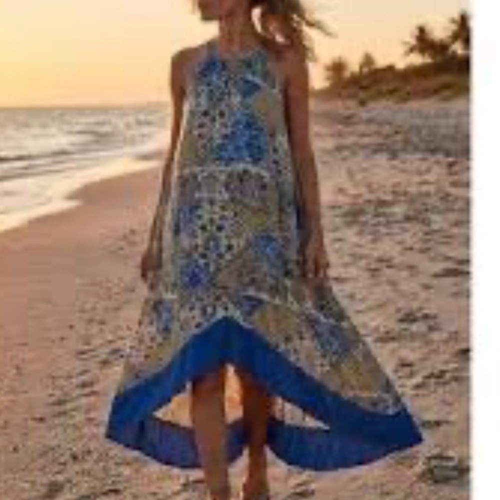 Lascana Blue Paisley Patchwork Halter High Low Maxi Dress Womens Size 10 Boho